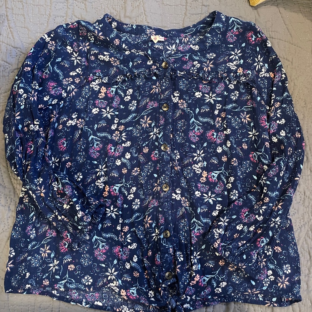 SO brand blouse youth size XL girls long sleeve button up tie front